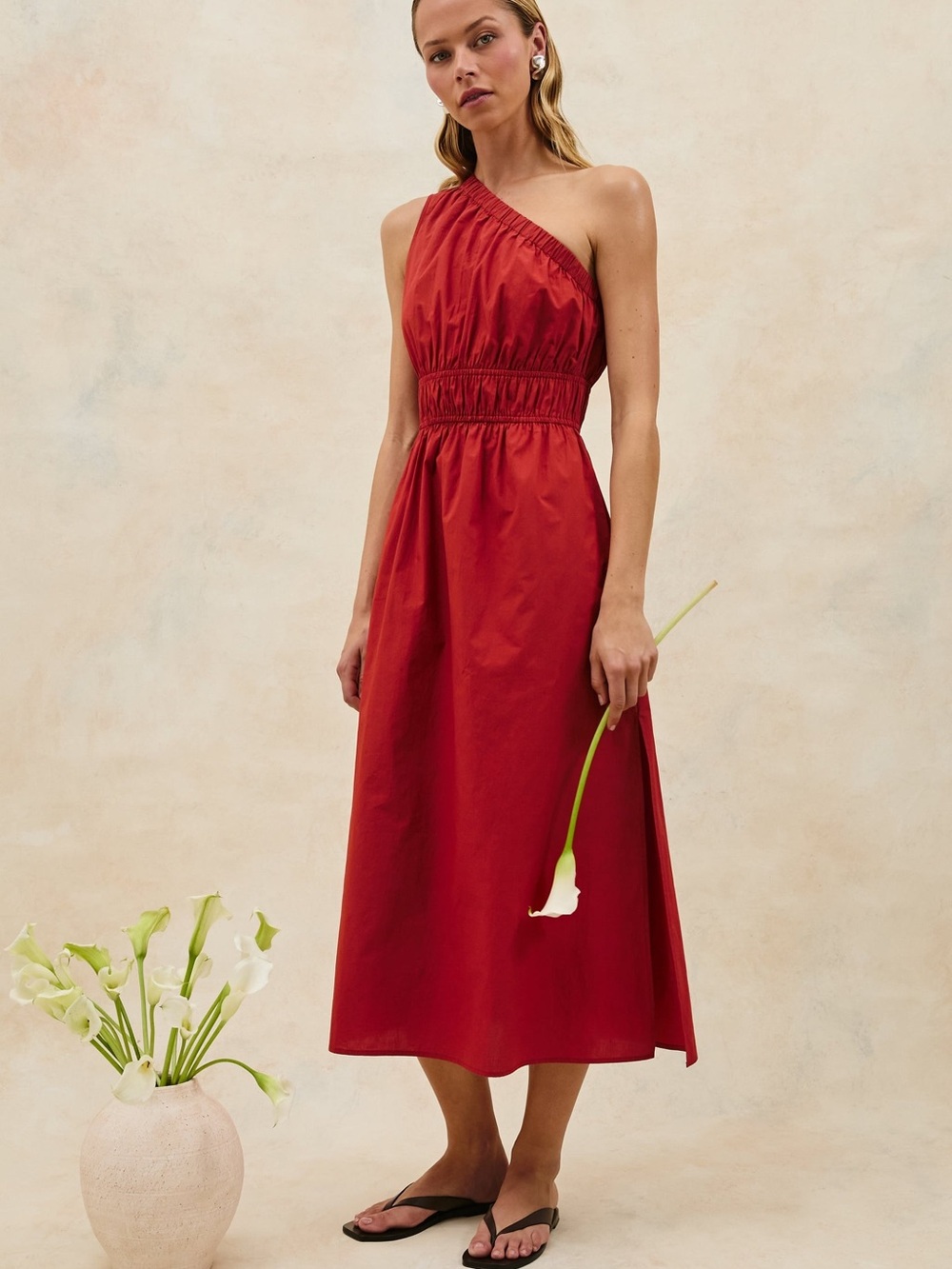 Rails One-Shoulder Red Midi Dress with Smocked Waist